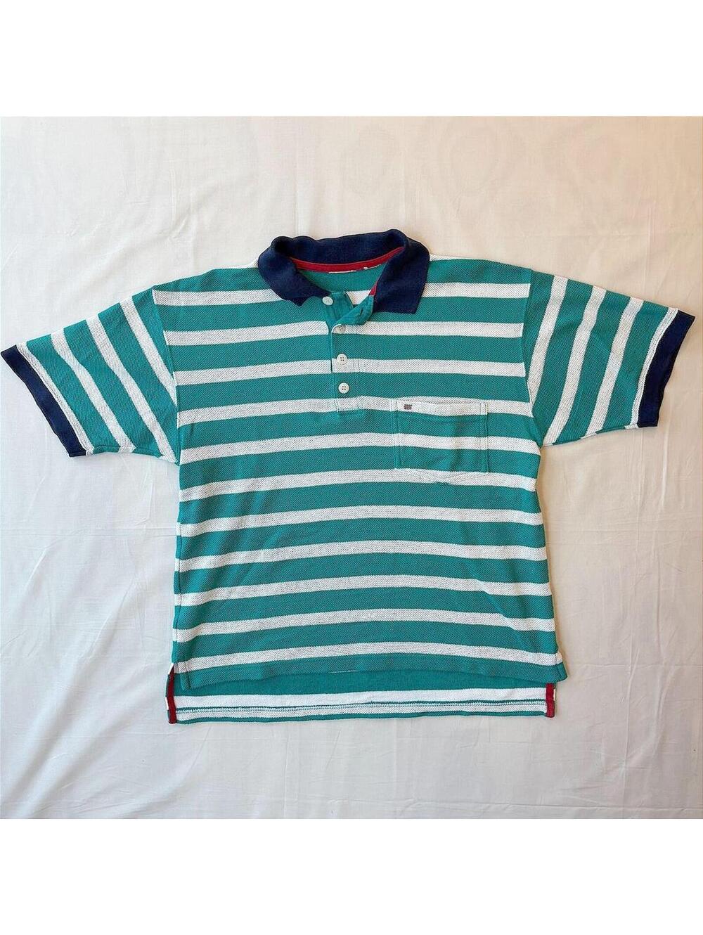 Vintage 90s Teal White Stripe Pique Polo Shirt Navy Contrast Cuffs Large